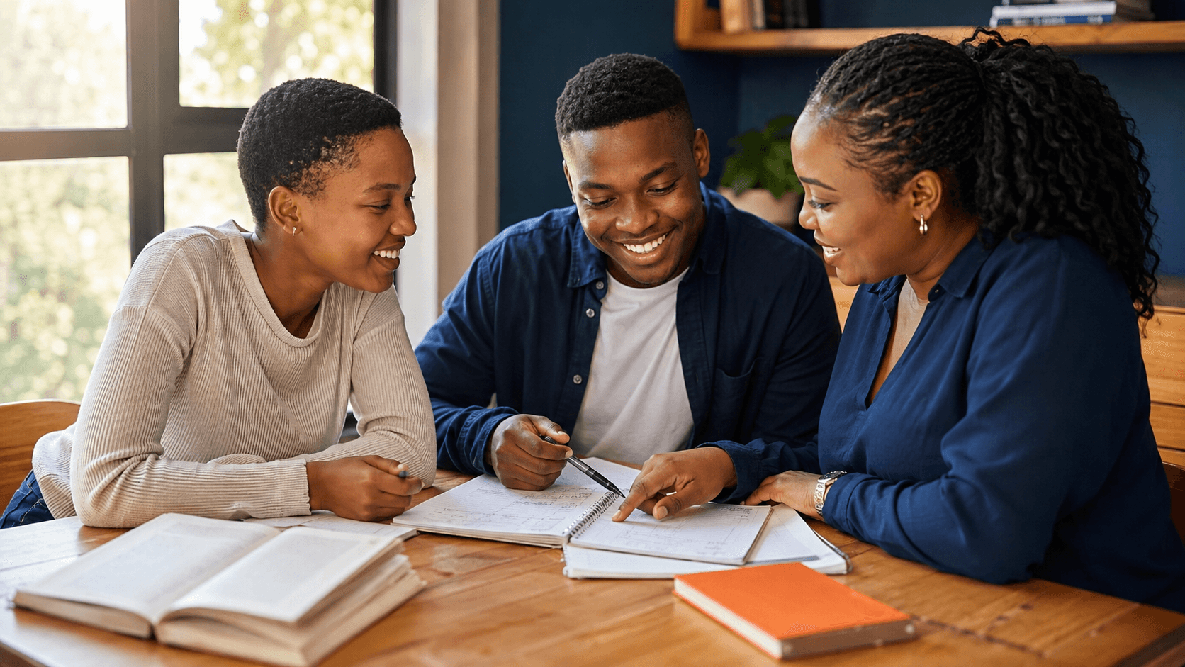 Illustrative campaign image of a tutor supporting two students