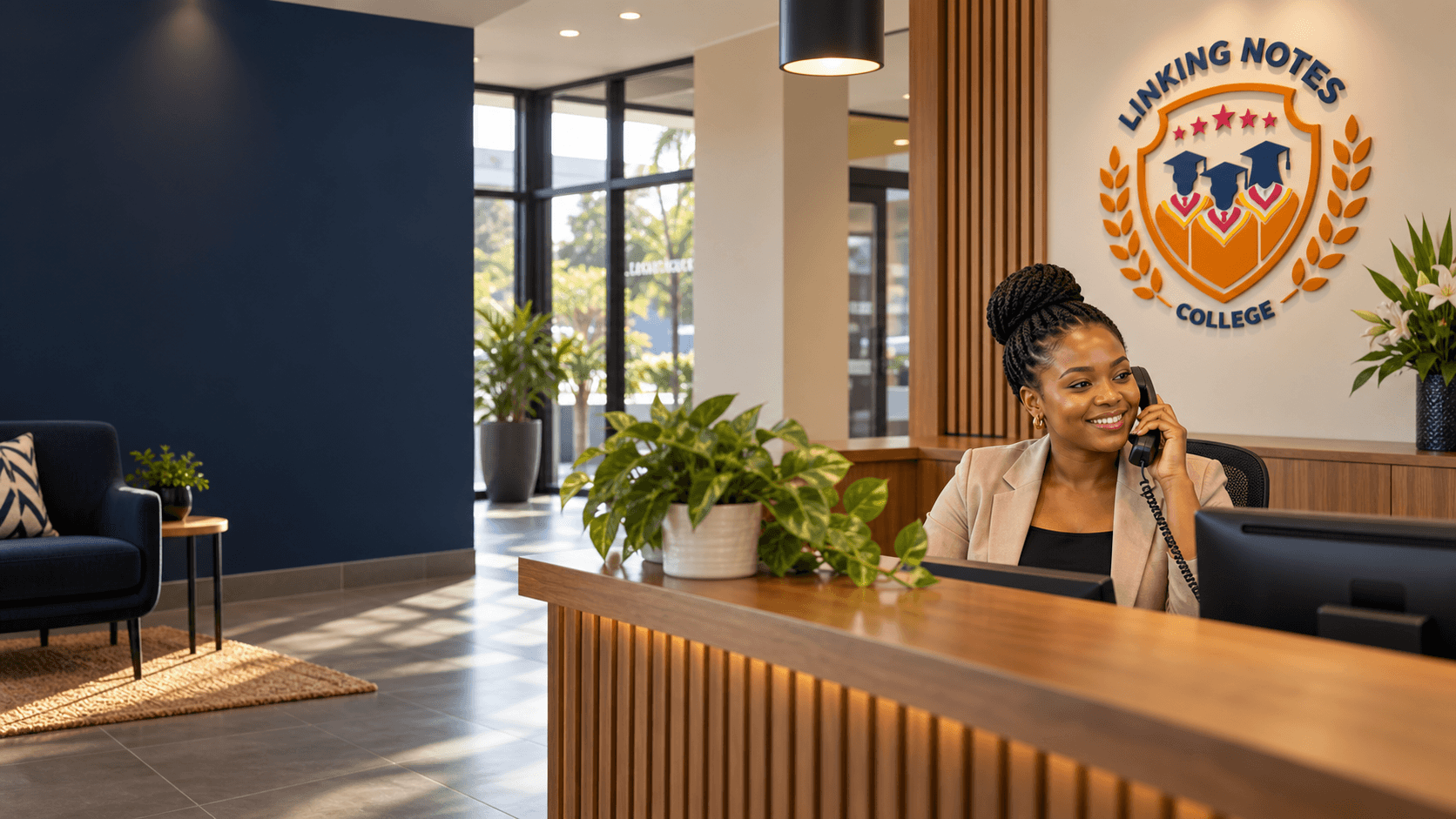 Linking Notes College reception with a receptionist answering the phone